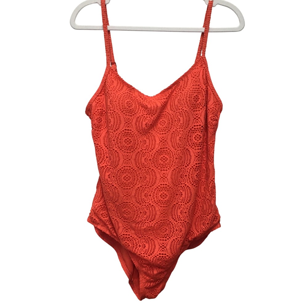 Catalina Crochet Textured One Piece Swimsuit Women 12/14 Large Orange Boho Beach